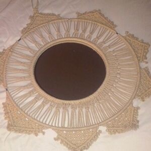 Large Beige Hanging Macrame Round Mirror. 25 inches across. 30 inches hanging.